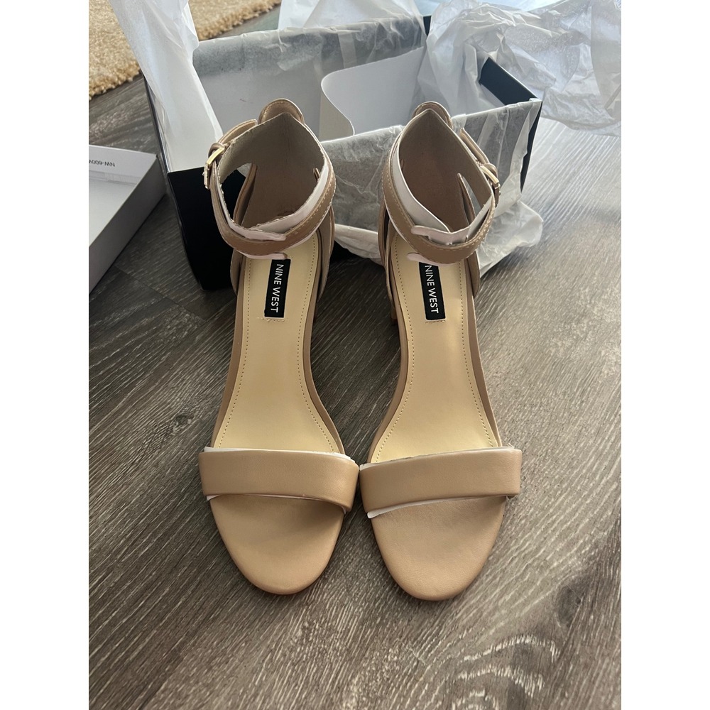 NEW Nine West Pruce Sandals Womens 7.5 Natural Tan Block Heel Ankle Strap